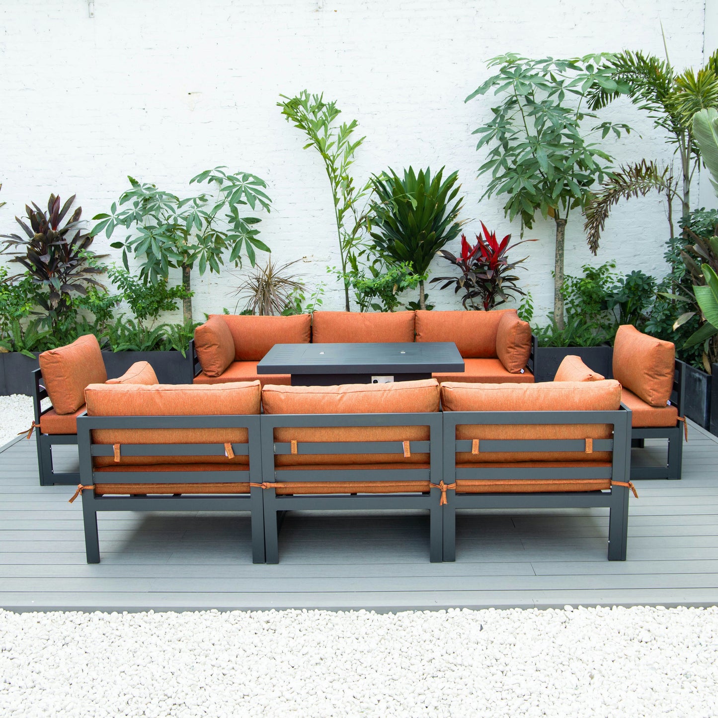 LeisureMod Chelsea Patio Sectional & Fire Pit Table & Cushions, Orange