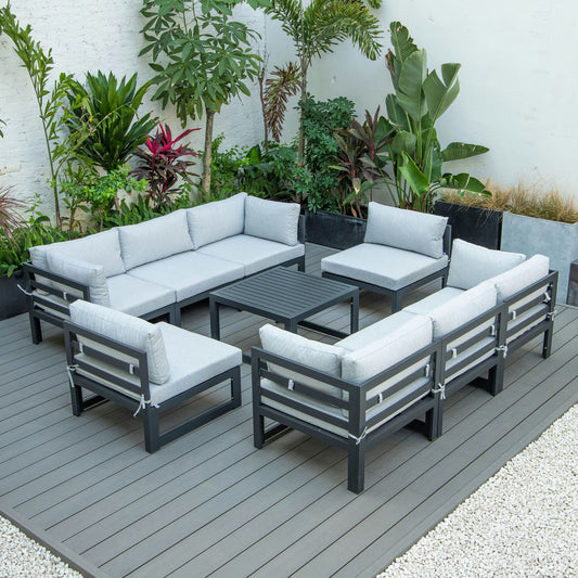 LeisureMod Chelsea 9-Piece Patio Sectional with Coffee Table- Light Grey