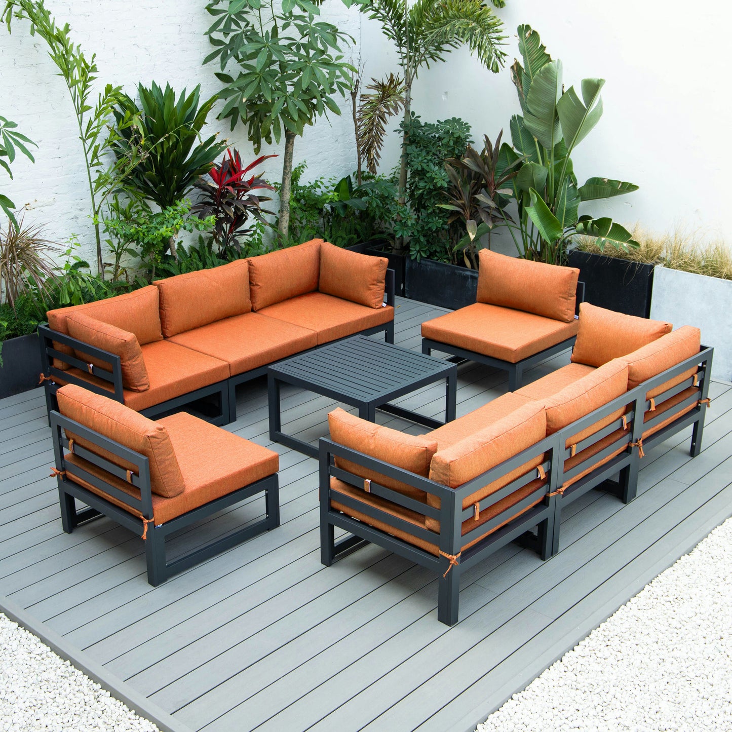 LeisureMod Chelsea 9-Piece Patio Sectional with Coffee Table- Orange