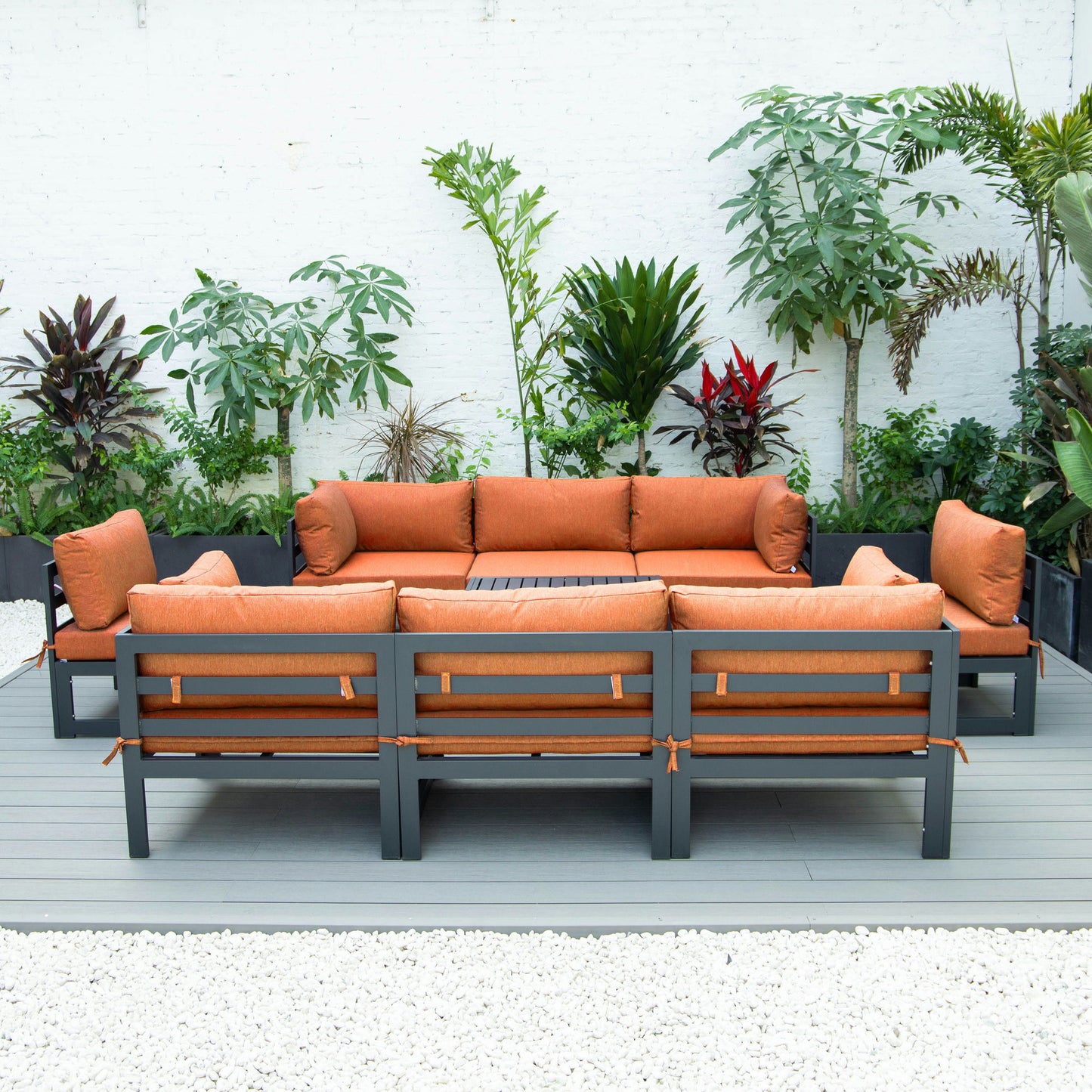 LeisureMod Chelsea 9-Piece Patio Sectional with Coffee Table- Orange