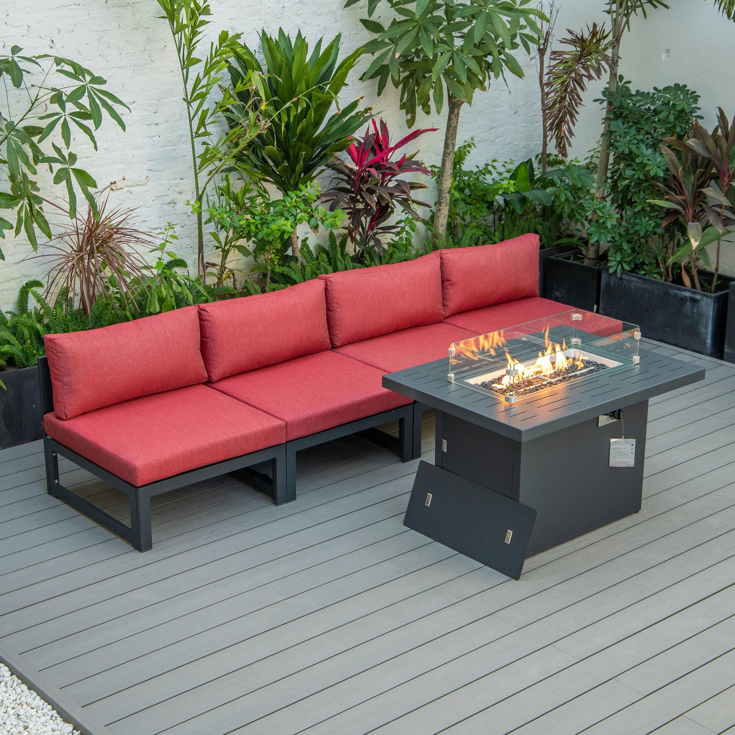 LeisureMod Chelsea 5-Piece Middle Patio Chairs and Fire Pit Table Set- Red