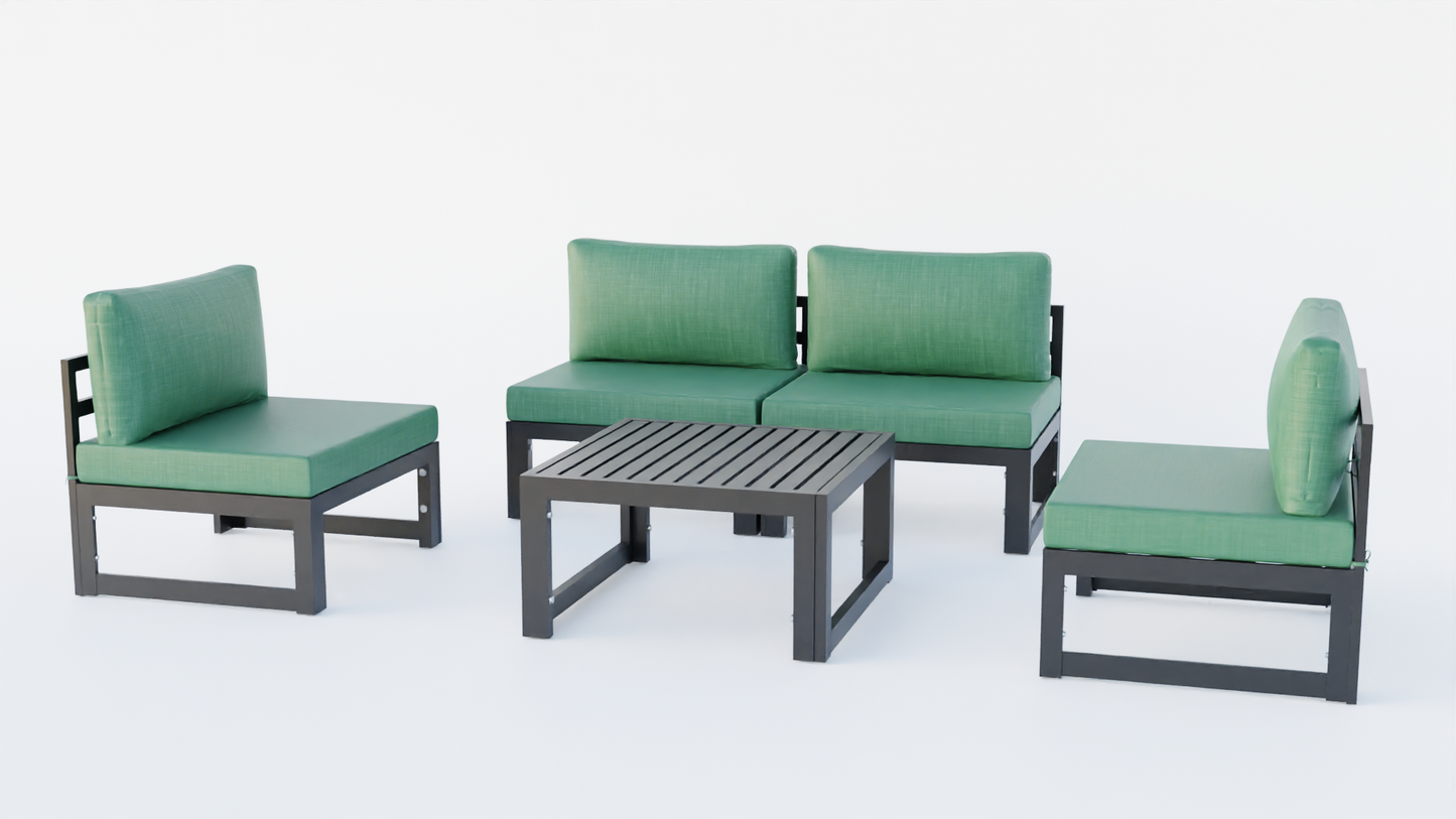 LeisureMod Chelsea 5-Piece Middle Patio Chairs and Coffee Table Set- Green