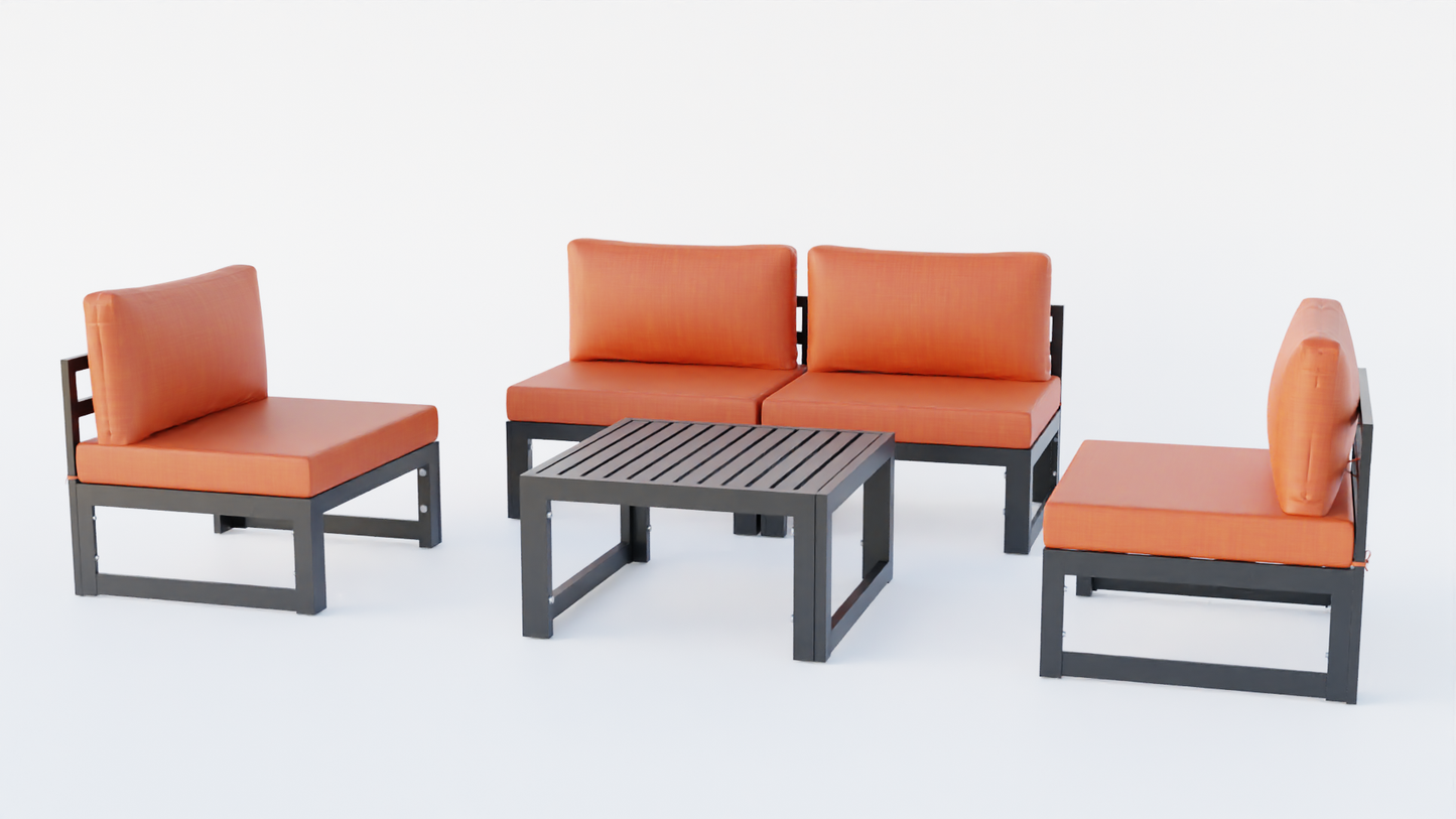 LeisureMod Chelsea 5-Piece Middle Patio Chairs and Coffee Table Set- Orange