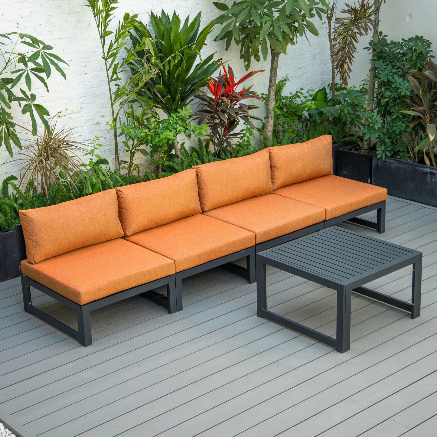 LeisureMod Chelsea 5-Piece Middle Patio Chairs and Coffee Table Set- Orange