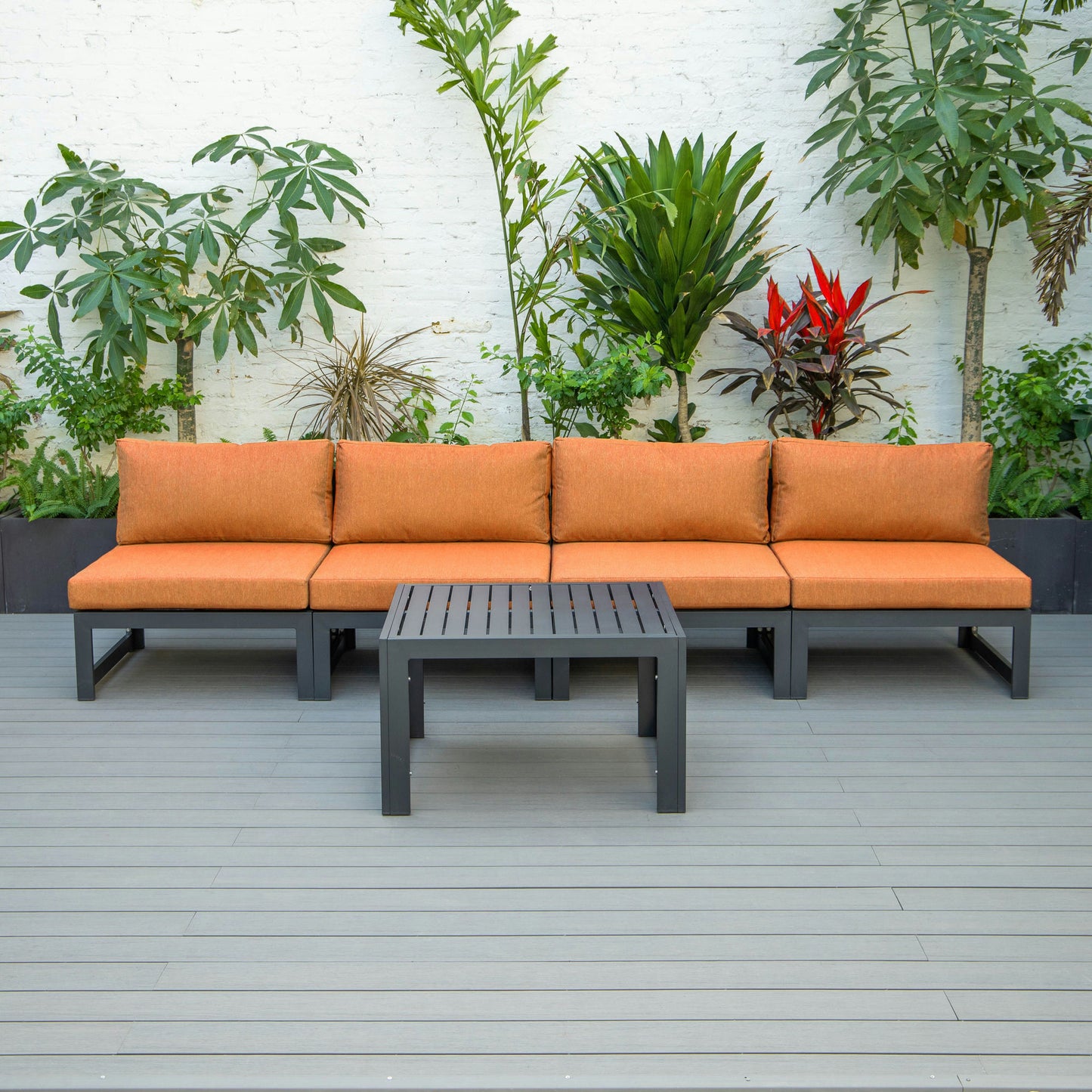 LeisureMod Chelsea 5-Piece Middle Patio Chairs and Coffee Table Set- Orange