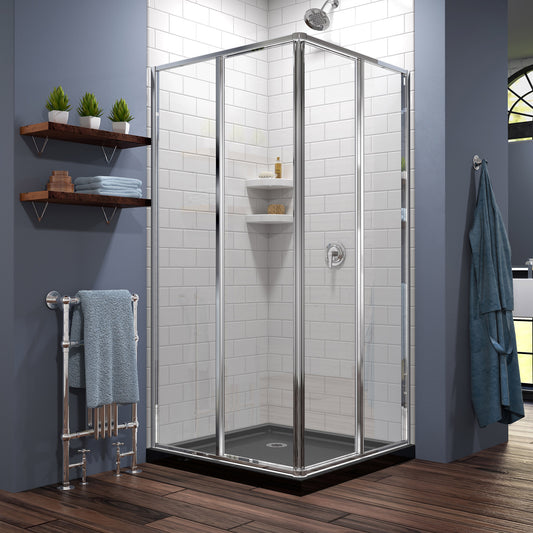Cornerview 42 in. D x 42 in. W x 74 3/4 in. H Framed Sliding Shower Enclosure in Chrome with Black Acrylic Base Kit