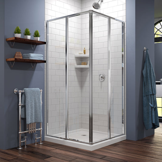 Cornerview 42 in. D x 42 in. W x 74 3/4 in. H Framed Sliding Shower Enclosure in Chrome with White Acrylic Base Kit