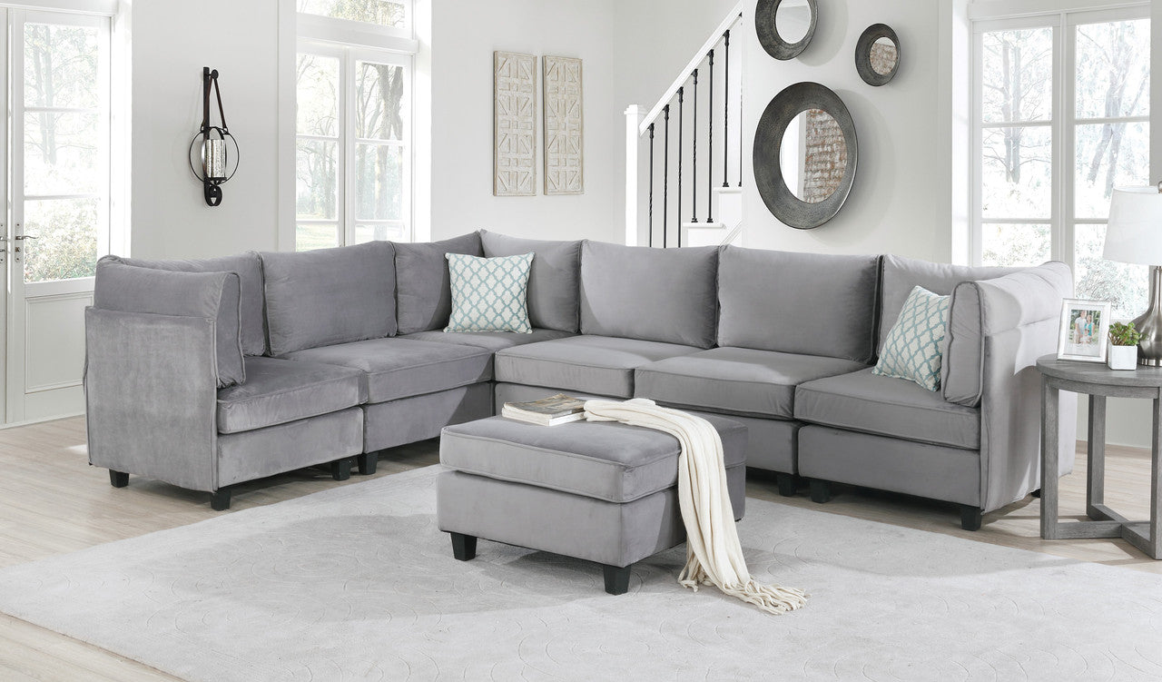 Lilola Home Simona Gray Velvet 7Pc Modular Sectional Sofa