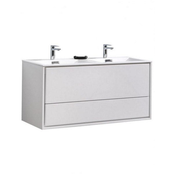 Kubebath DL48D-GW DeLusso 48 Inch Double Sink High Glossy White Wall Mount Modern Bathroom Vanity