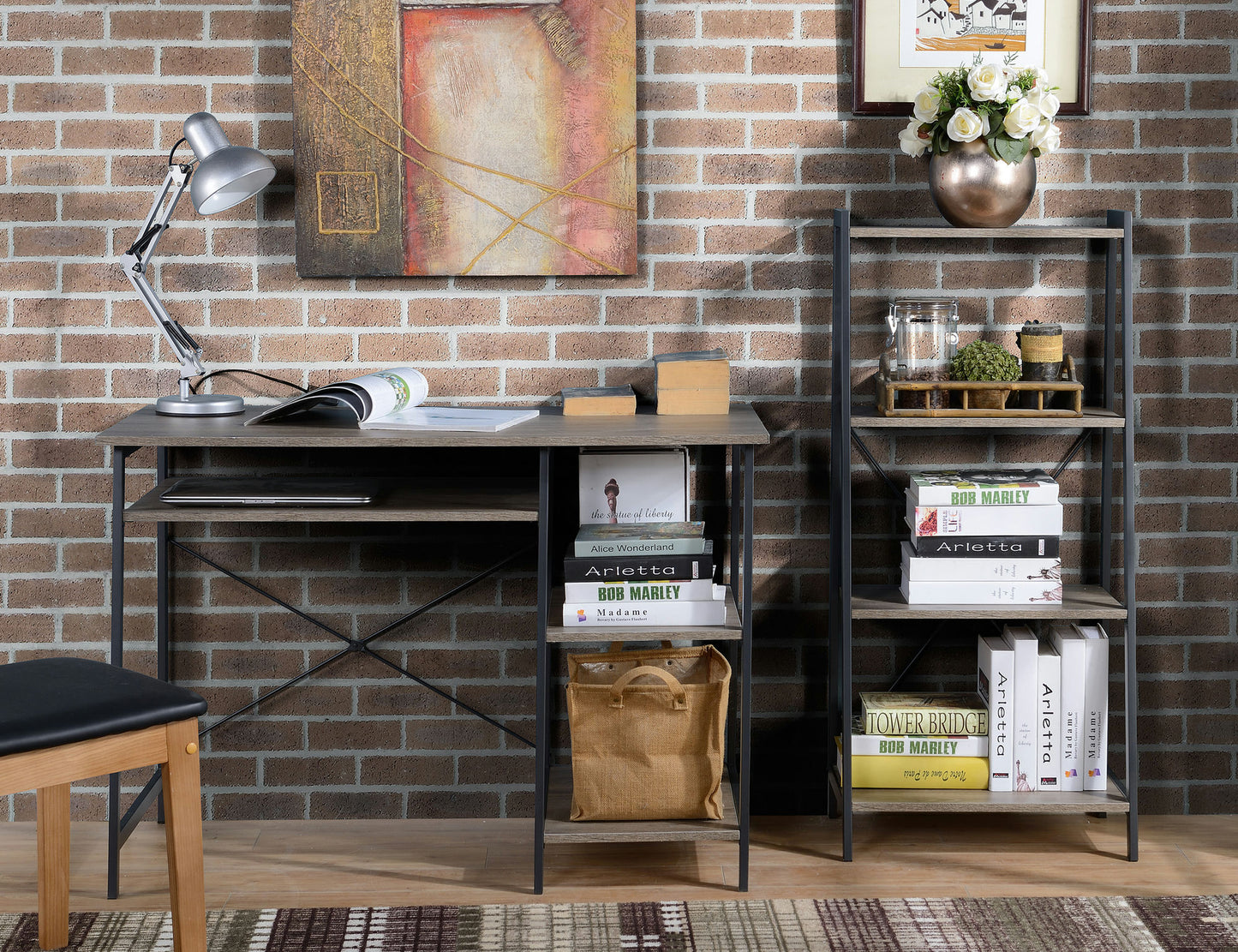 Gray Oak Student Desk WIth Bookcase