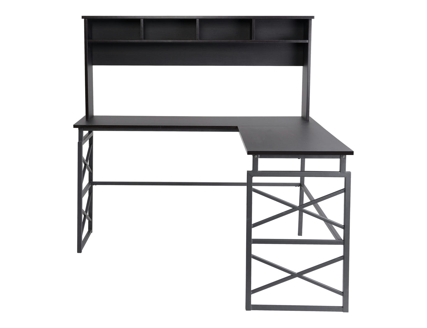 Dark brown finish wood L desk with metal base