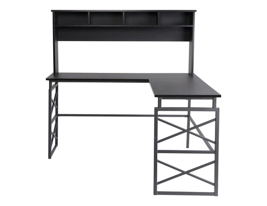 Dark brown finish wood L desk with metal base
