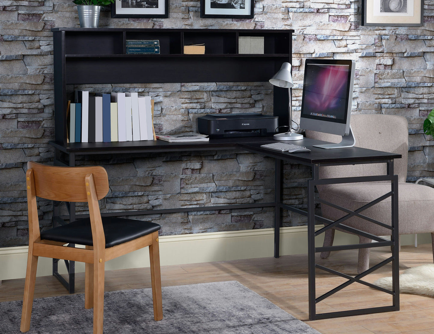 Dark brown finish wood L desk with metal base