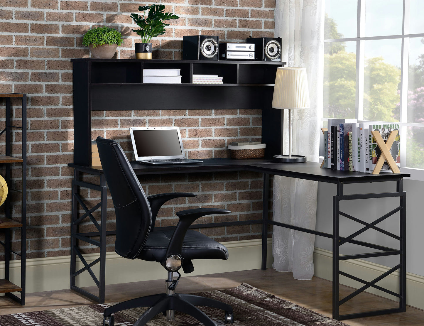Dark brown finish wood L desk with metal base