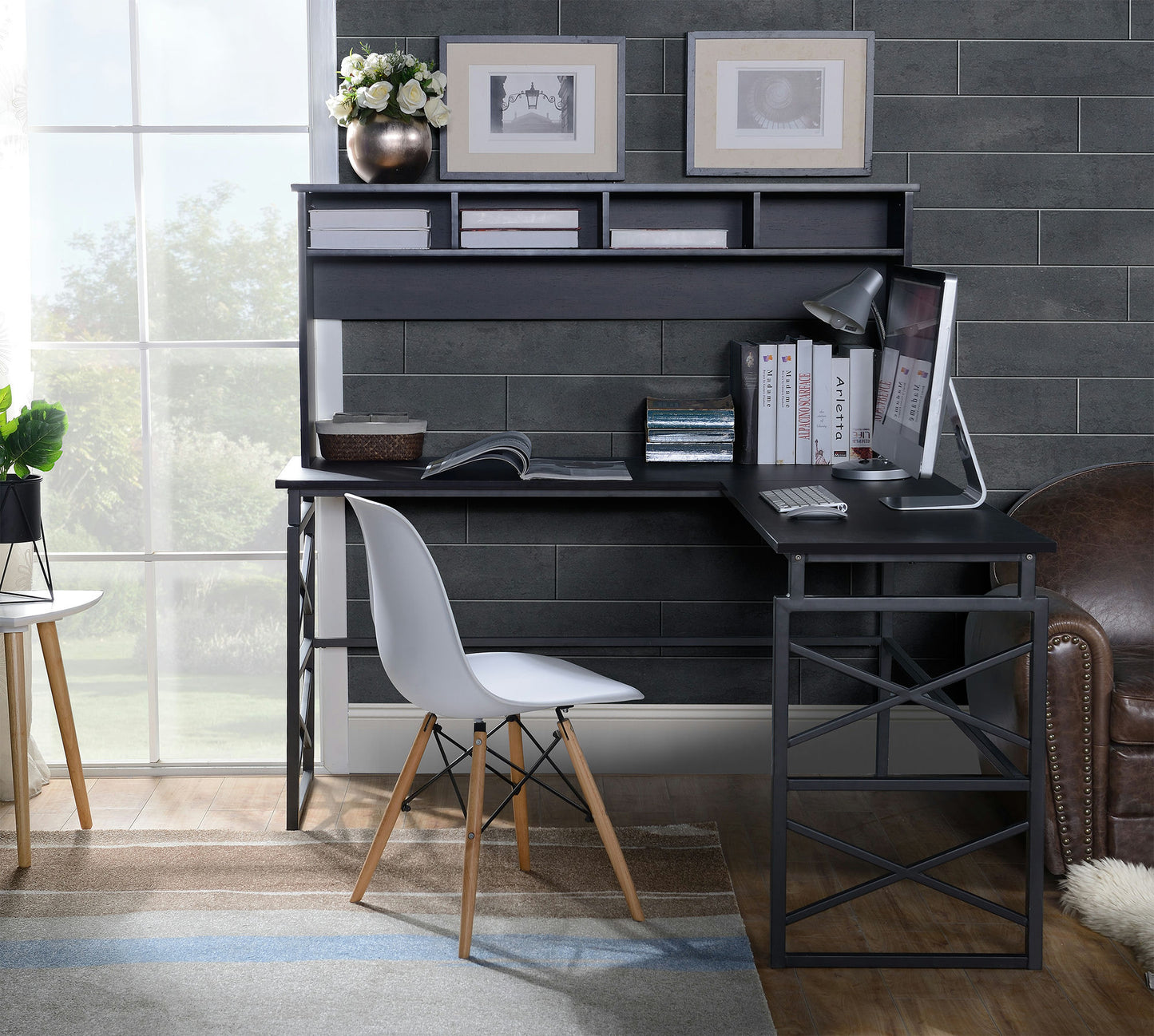 Dark brown finish wood L desk with metal base