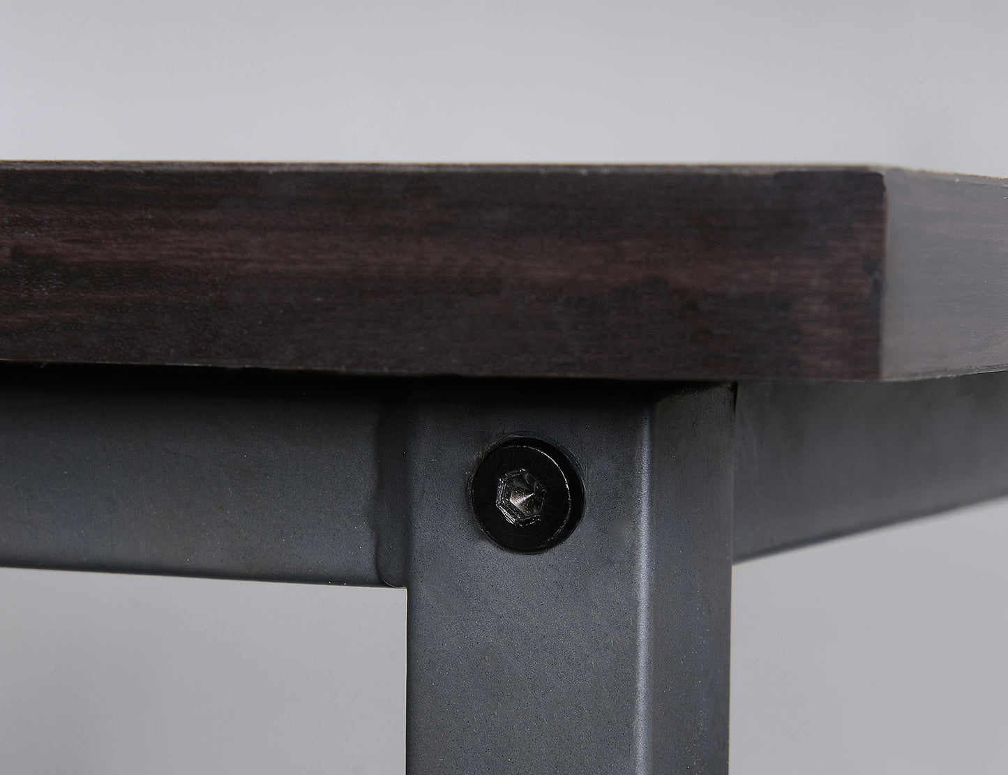 Dark brown finish wood L desk with metal base