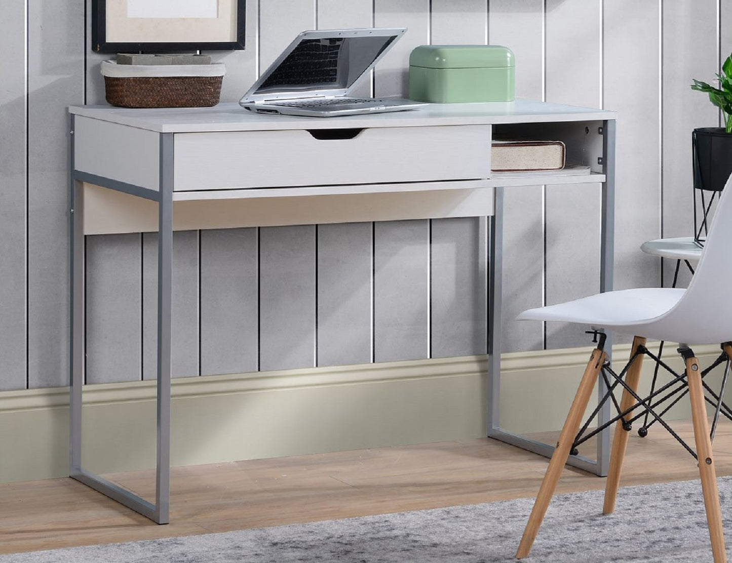 White Writing Desk with Drawer and Storage