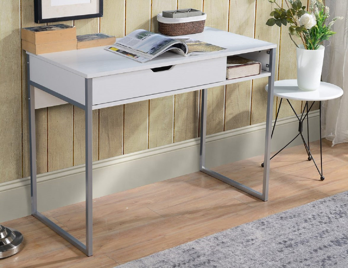 White Writing Desk with Drawer and Storage