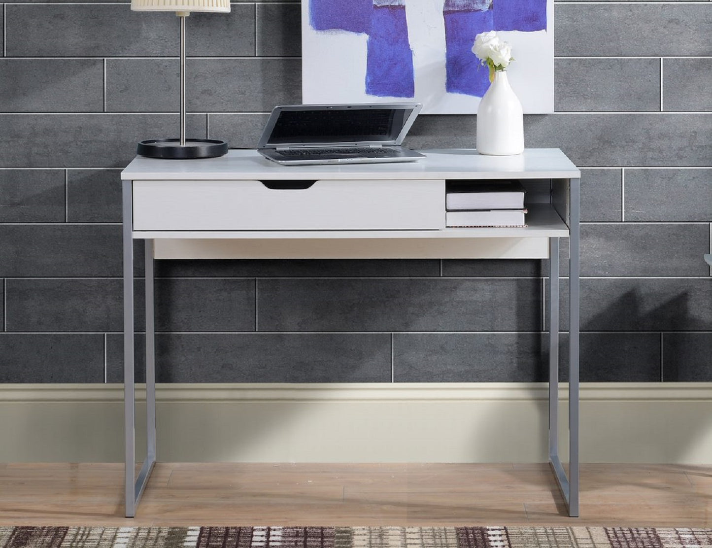 White Writing Desk with Drawer and Storage