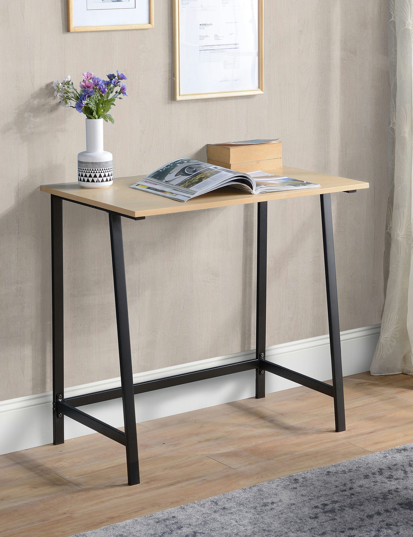 Light Oak finish wood and metal writing desk