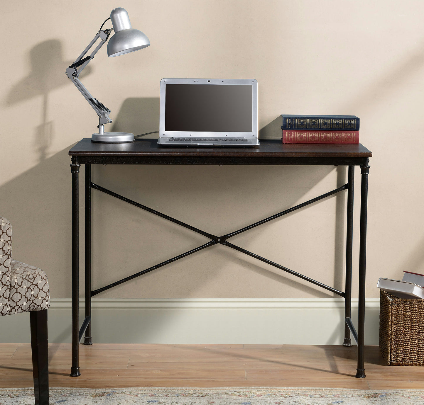 Espresso finish wood and metal writing and computer desk