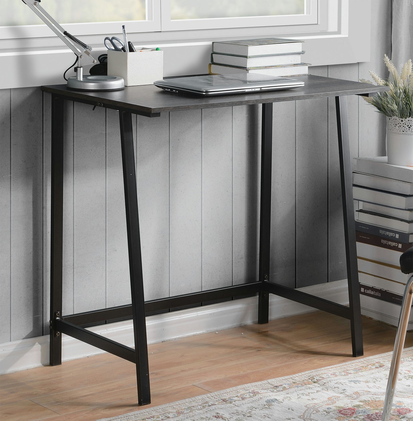 Dark Oak finish wood and metal writing desk