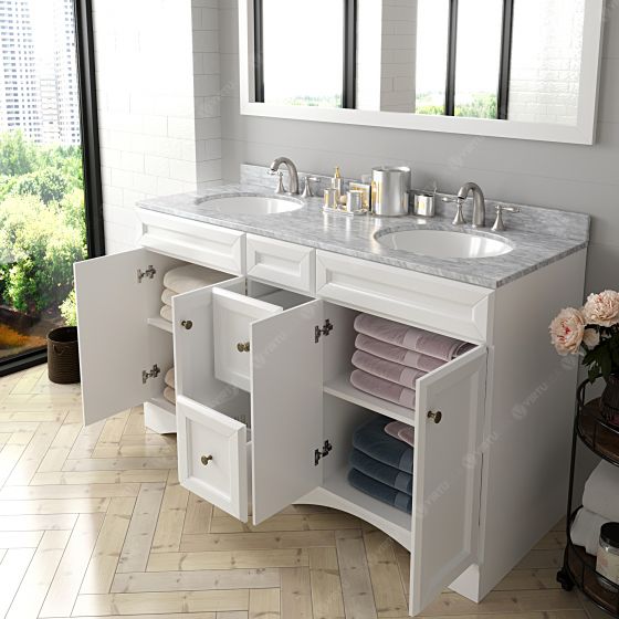 60" Double Bath Vanity, White, Marble Top, Sink, Polished Chrome Faucet, Mirror