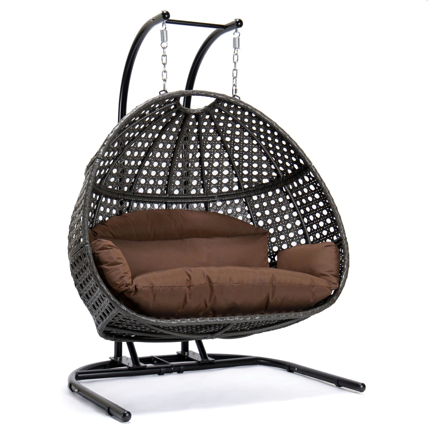 LeisureMod Dark Brown Wicker Hanging Double Egg Swing Chair