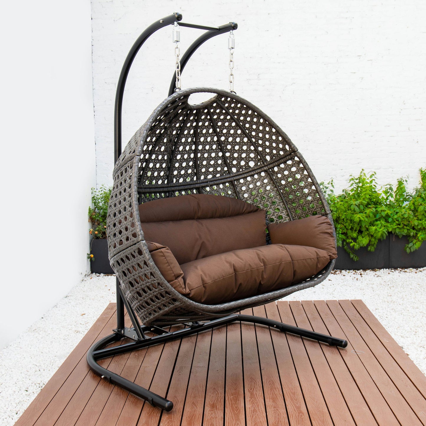 LeisureMod Dark Brown Wicker Hanging Double Egg Swing Chair