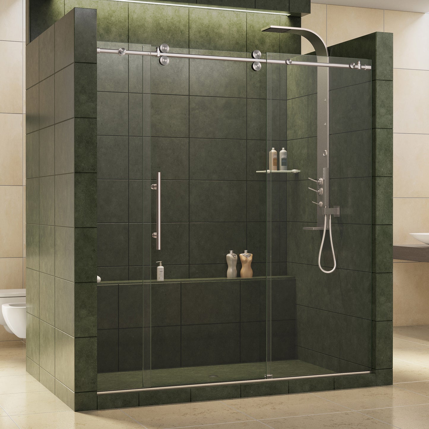 Enigma 68-72 in. W x 79 in. H Fully Frameless Sliding Shower Door in Brushed Stainless Steel, 1/2 in. Glass