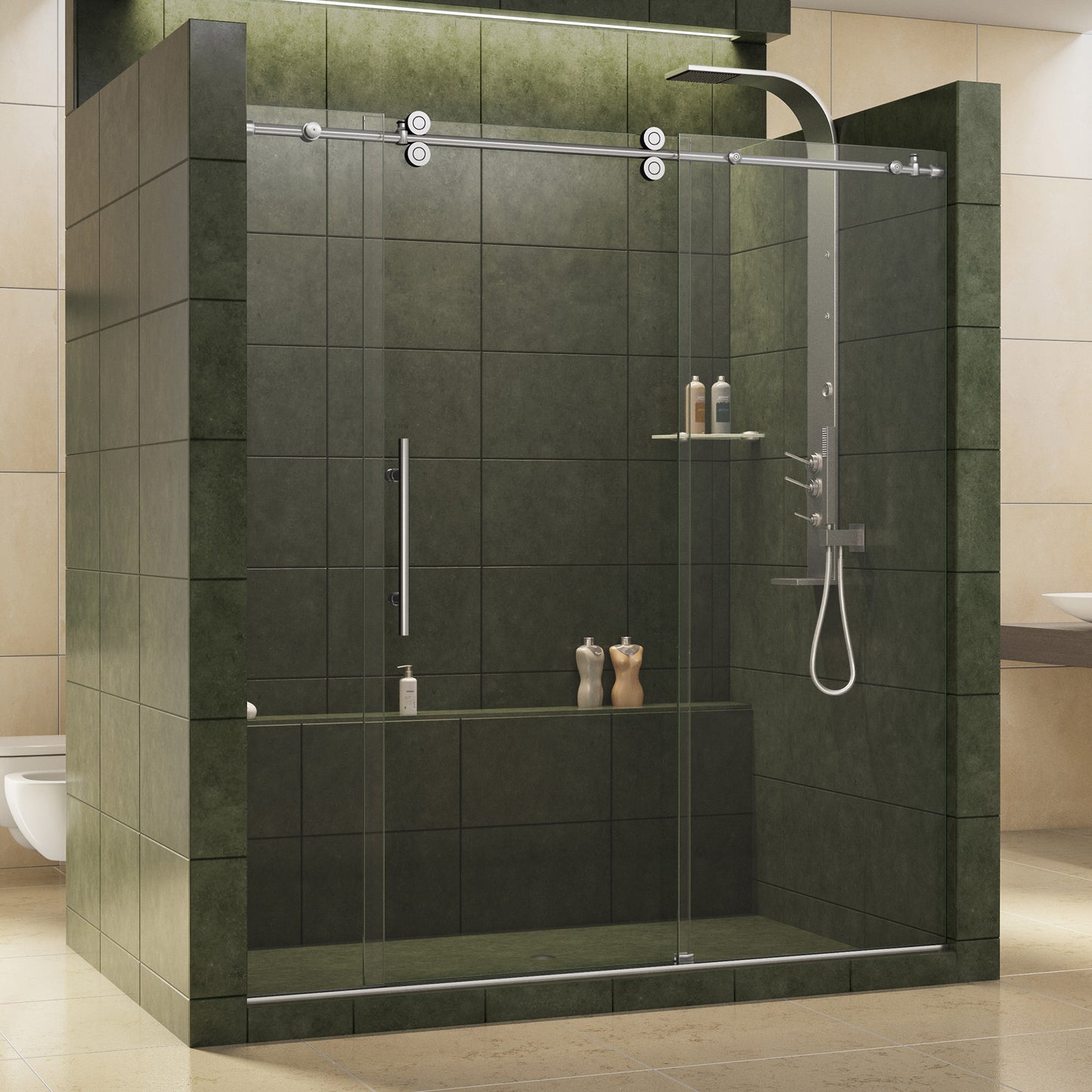 Enigma 68-72 in. W x 79 in. H Fully Frameless Sliding Shower Door in Polished Stainless Steel, 1/2 in. Glass