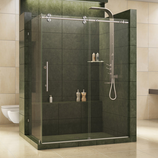 Enigma 36 in. D x 60 1/2 in. W x 79 in. H Frameless Sliding Shower Enclosure in Brushed Stainless Steel, 1/2 in. Glass