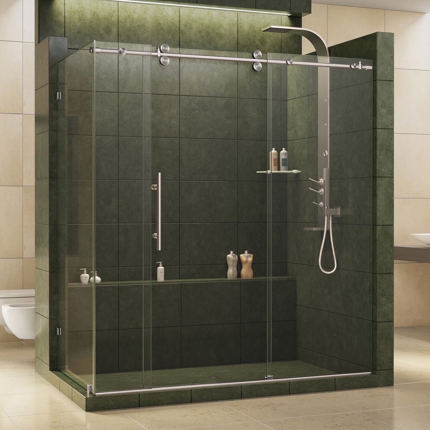 Enigma 36 in. D x 68 1/2 - 72 1/2 in. W x 79 in. H Sliding Shower Enclosure in Brushed Stainless Steel, 1/2 in. Glass