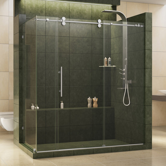 Enigma 36 in. D x 68 1/2 - 72 1/2 in. W x 79 in. H Sliding Shower Enclosure in Polished Stainless Steel, 1/2 in. Glass