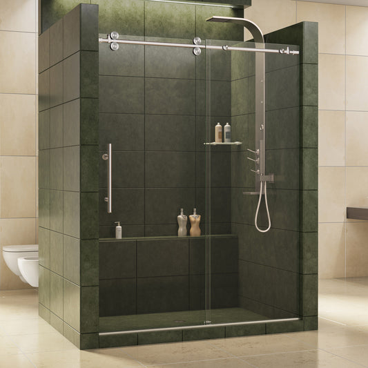 Enigma 56-60 in. W x 79 in. H Fully Frameless Sliding Shower Door in Brushed Stainless Steel, 1/2 in. Glass