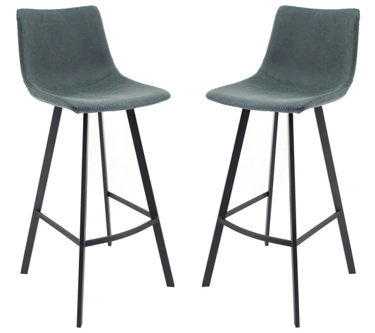 LeisureMod Elland Modern Upholstered Peacock Blue Leather Bar Stool Set of 2