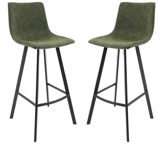 LeisureMod Elland Modern Upholstered Olive Green Leather Bar Stool Set of 2