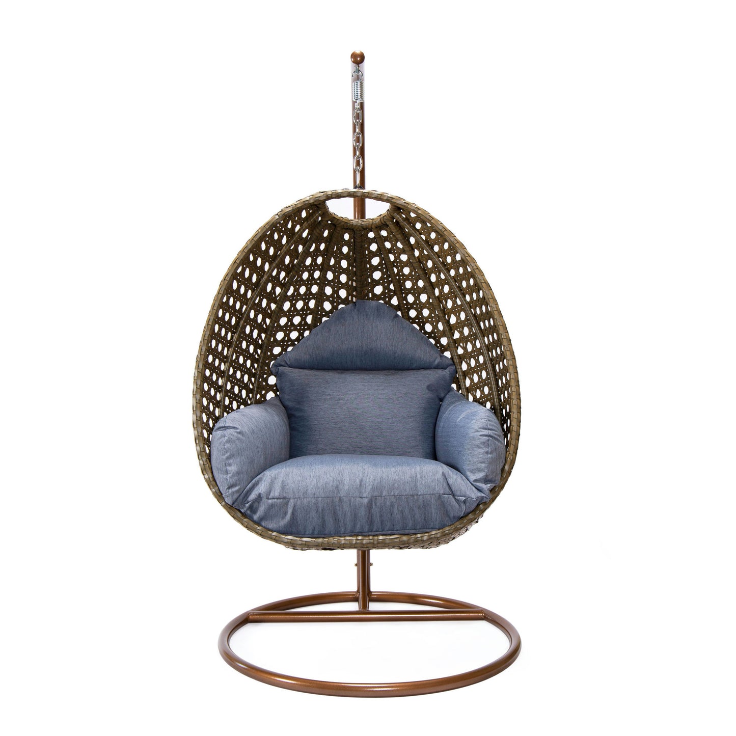 LeisureMod Beige And Charcoal Blue Wicker Hanging Egg Swing Chair