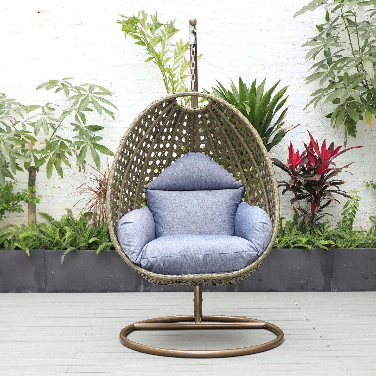 LeisureMod Beige And Charcoal Blue Wicker Hanging Egg Swing Chair