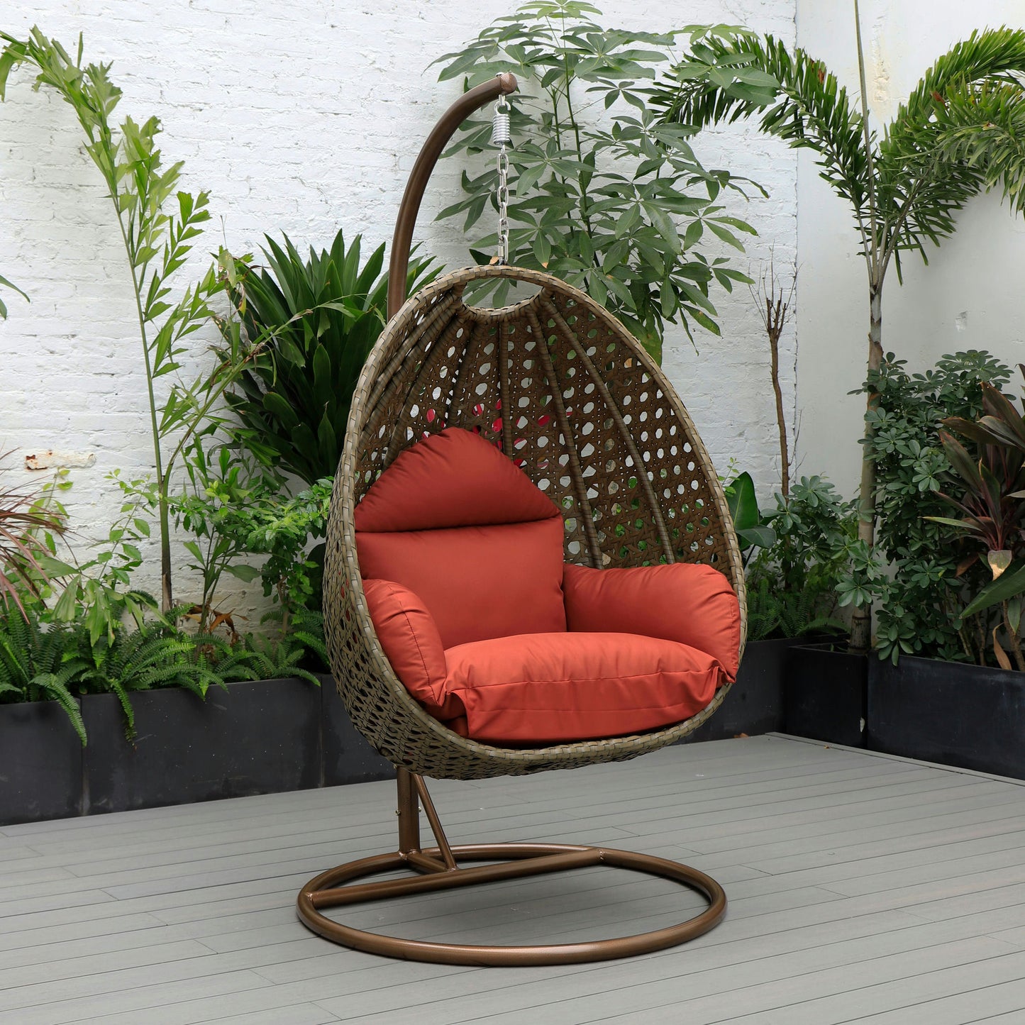 LeisureMod Beige And Cherry Wicker Hanging Egg Swing Chair