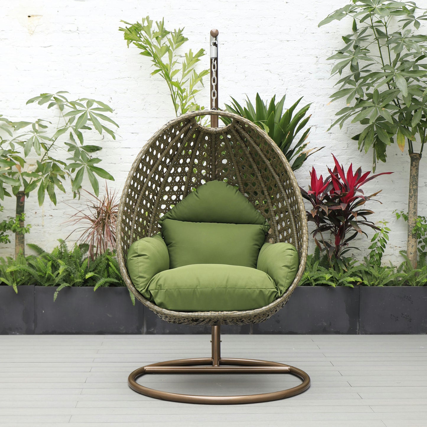 LeisureMod Beige And Dark Green Wicker Hanging Egg Swing Chair