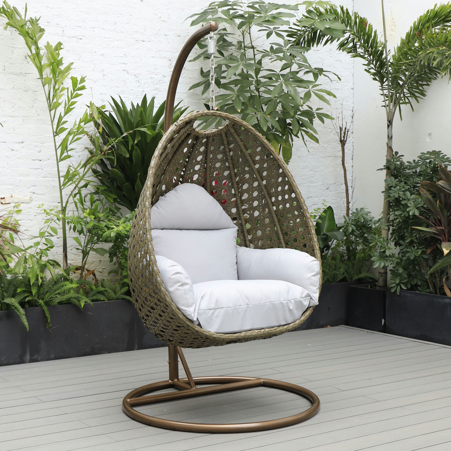 LeisureMod Beige And Light Grey Wicker Hanging Egg Swing Chair