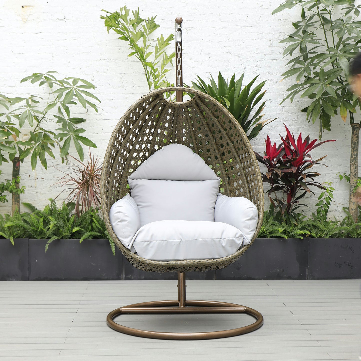 LeisureMod Beige And Light Grey Wicker Hanging Egg Swing Chair