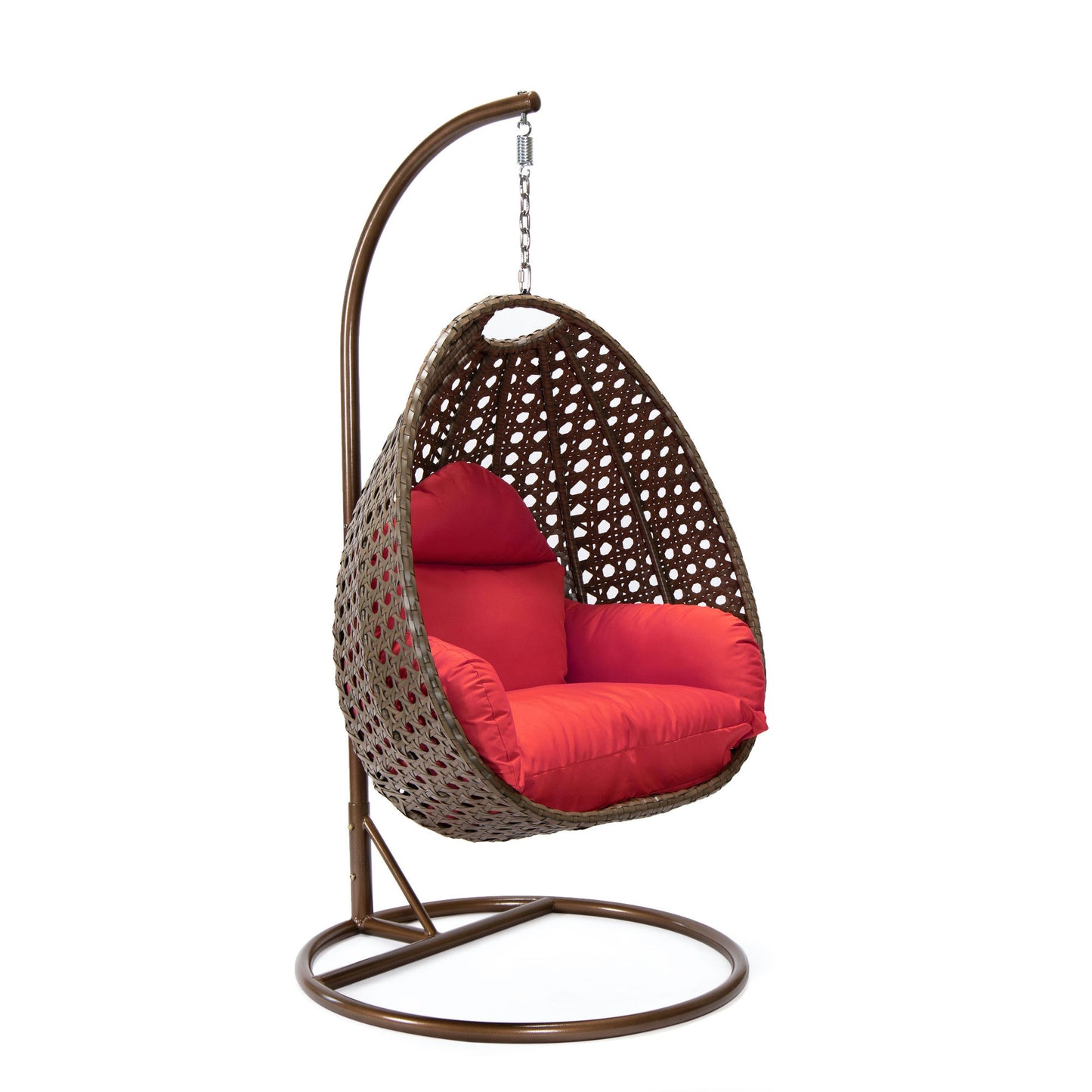 LeisureMod Beige And Red Wicker Hanging Egg Swing Chair