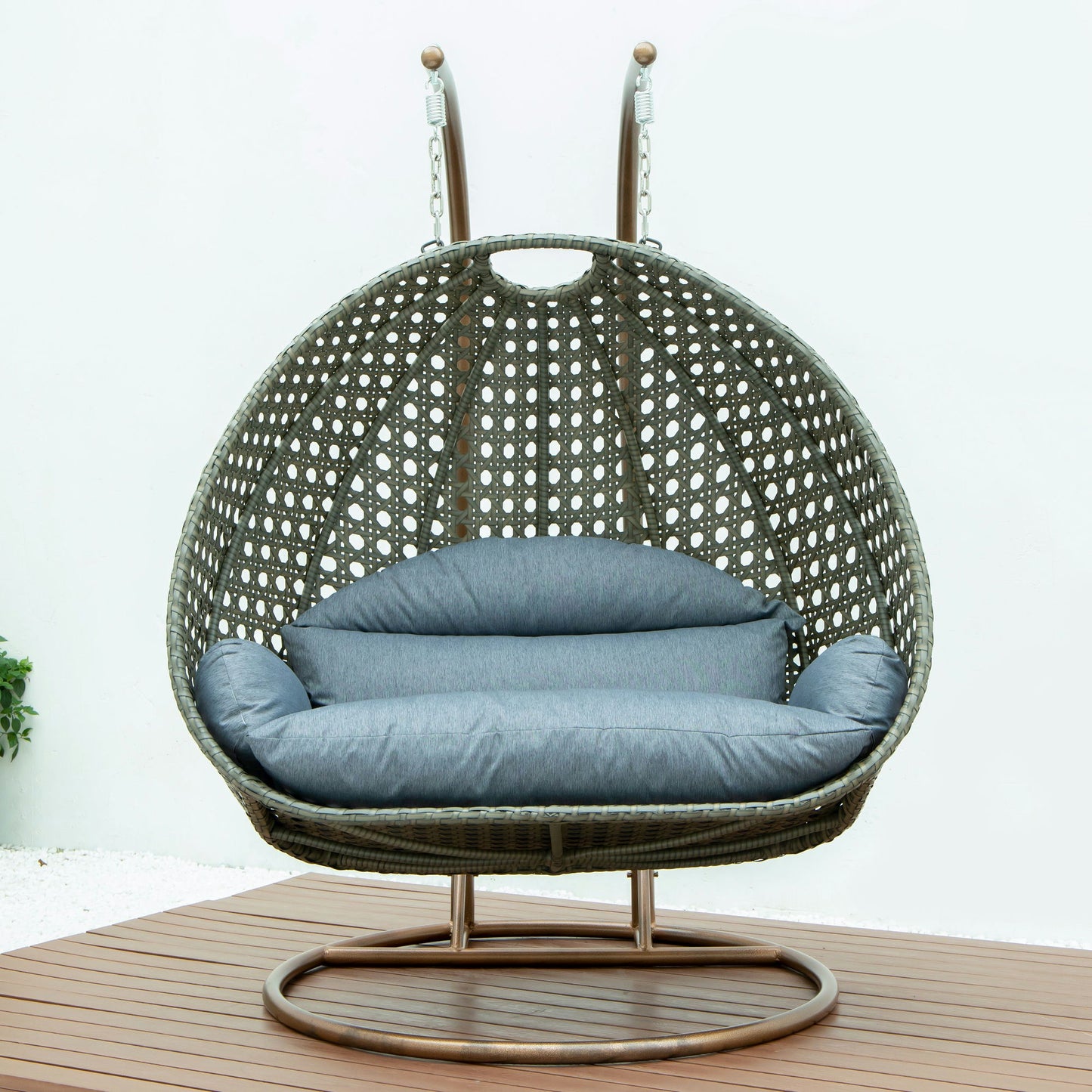 LeisureMod Beige And Charcoal Blue Wicker Hanging 2 person Egg Swing Chair