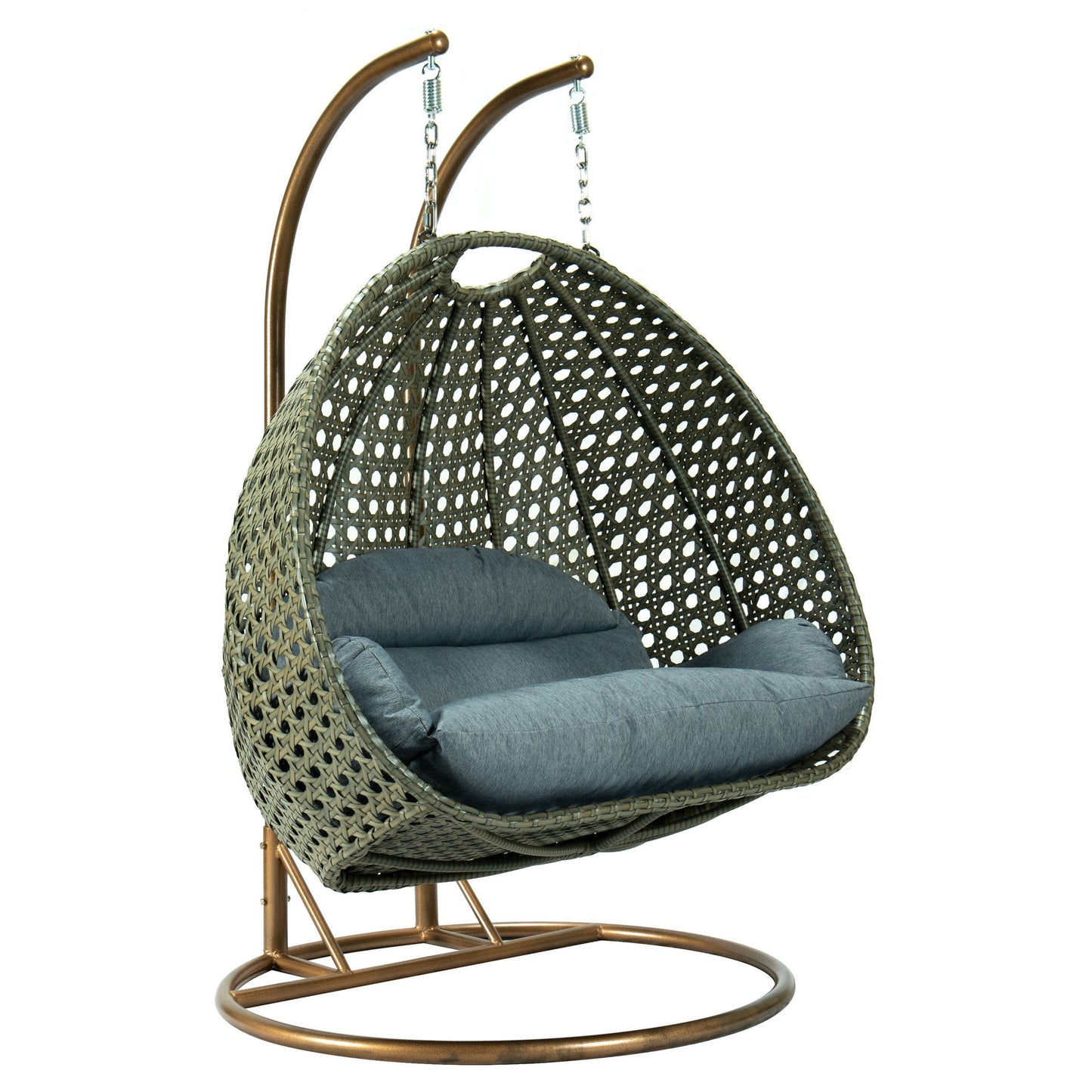 LeisureMod Beige And Charcoal Blue Wicker Hanging 2 person Egg Swing Chair