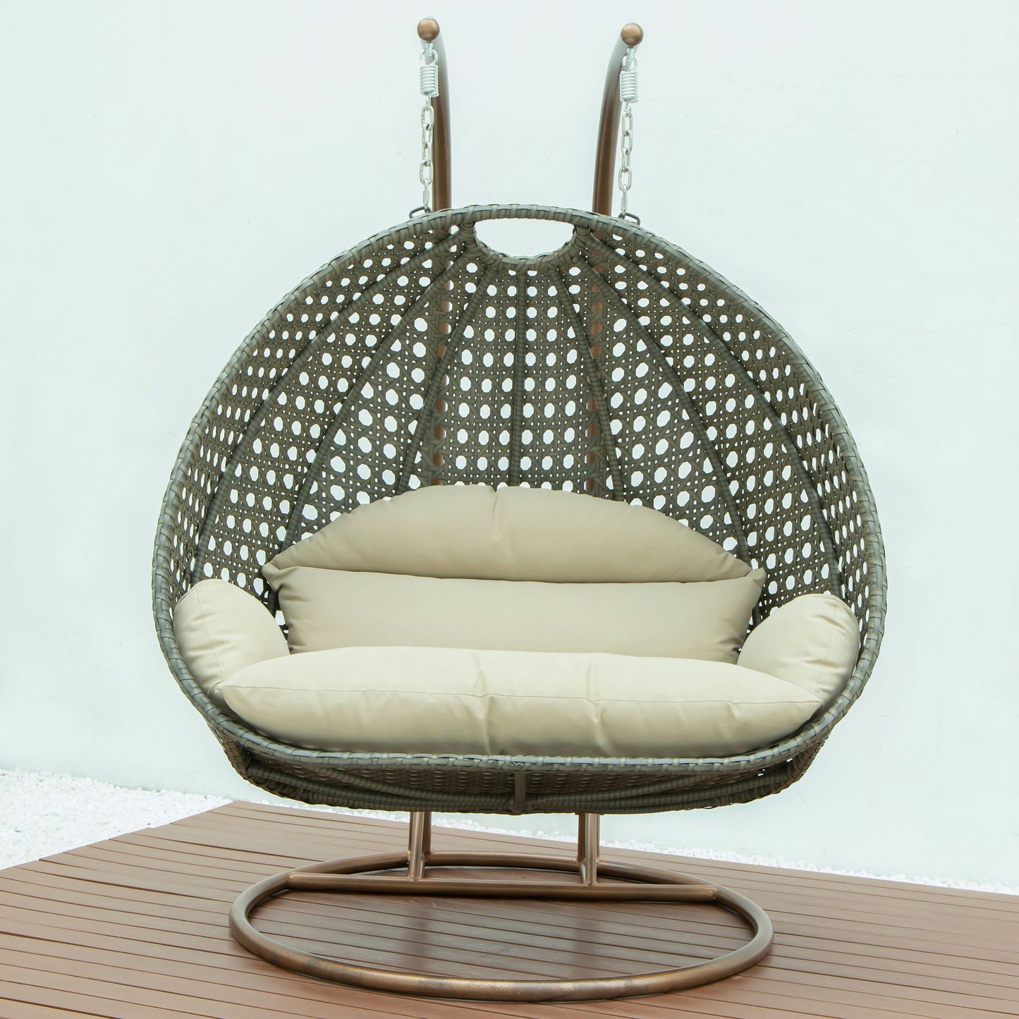 LeisureMod Beige And Taupe Wicker Hanging 2 person Egg Swing Chair