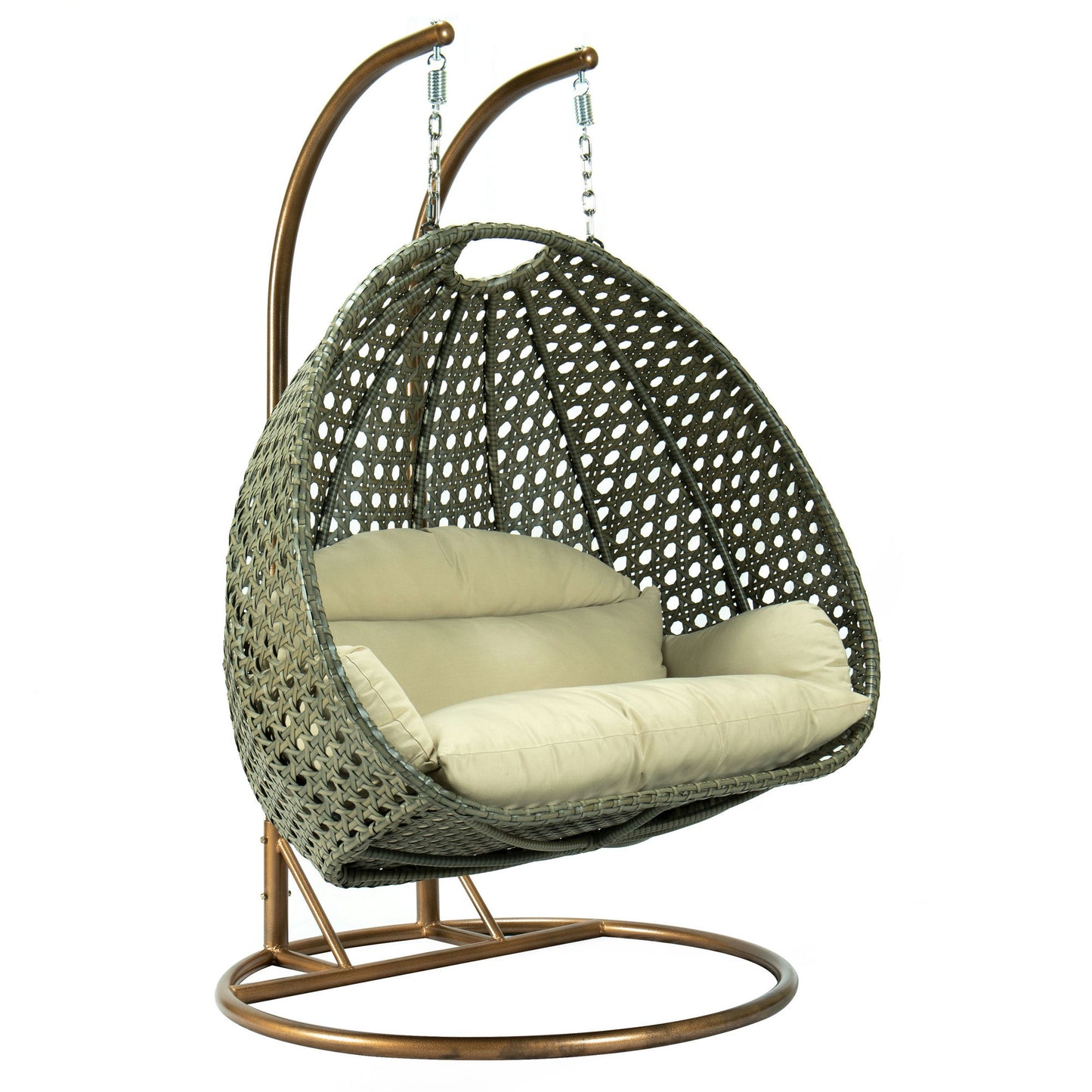 LeisureMod Beige And Taupe Wicker Hanging 2 person Egg Swing Chair