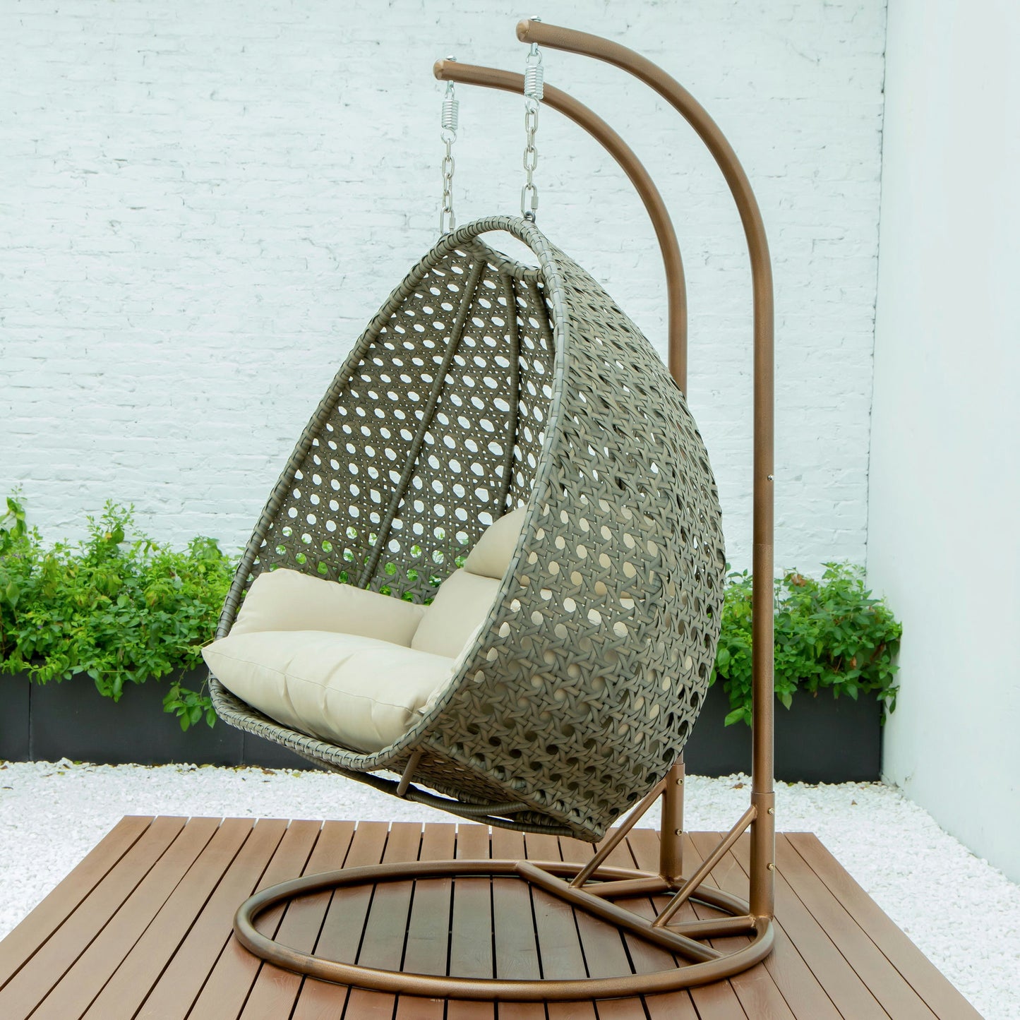 LeisureMod Beige And Taupe Wicker Hanging 2 person Egg Swing Chair