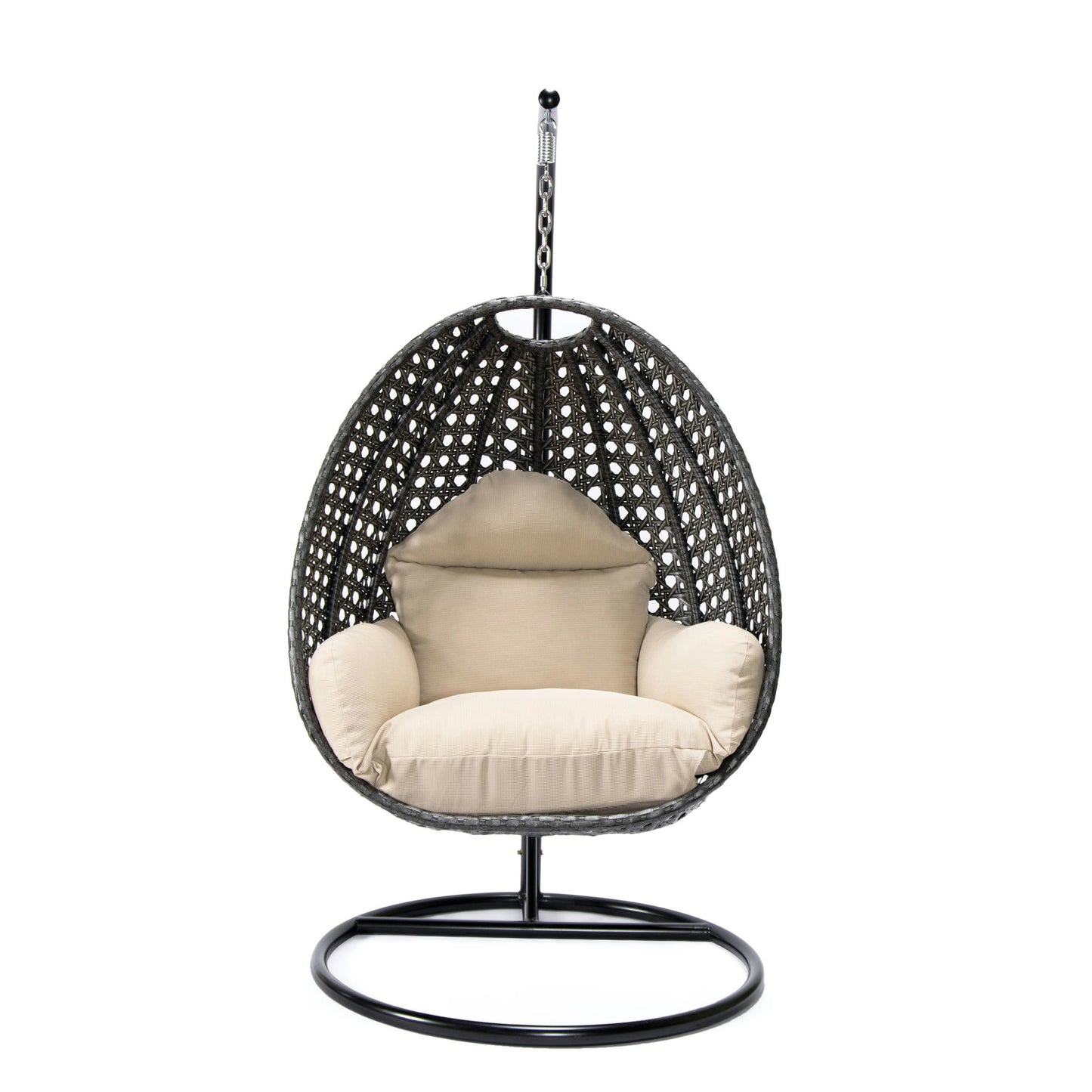 LeisureMod Charcoal And Beige Wicker Hanging Egg Swing Chair